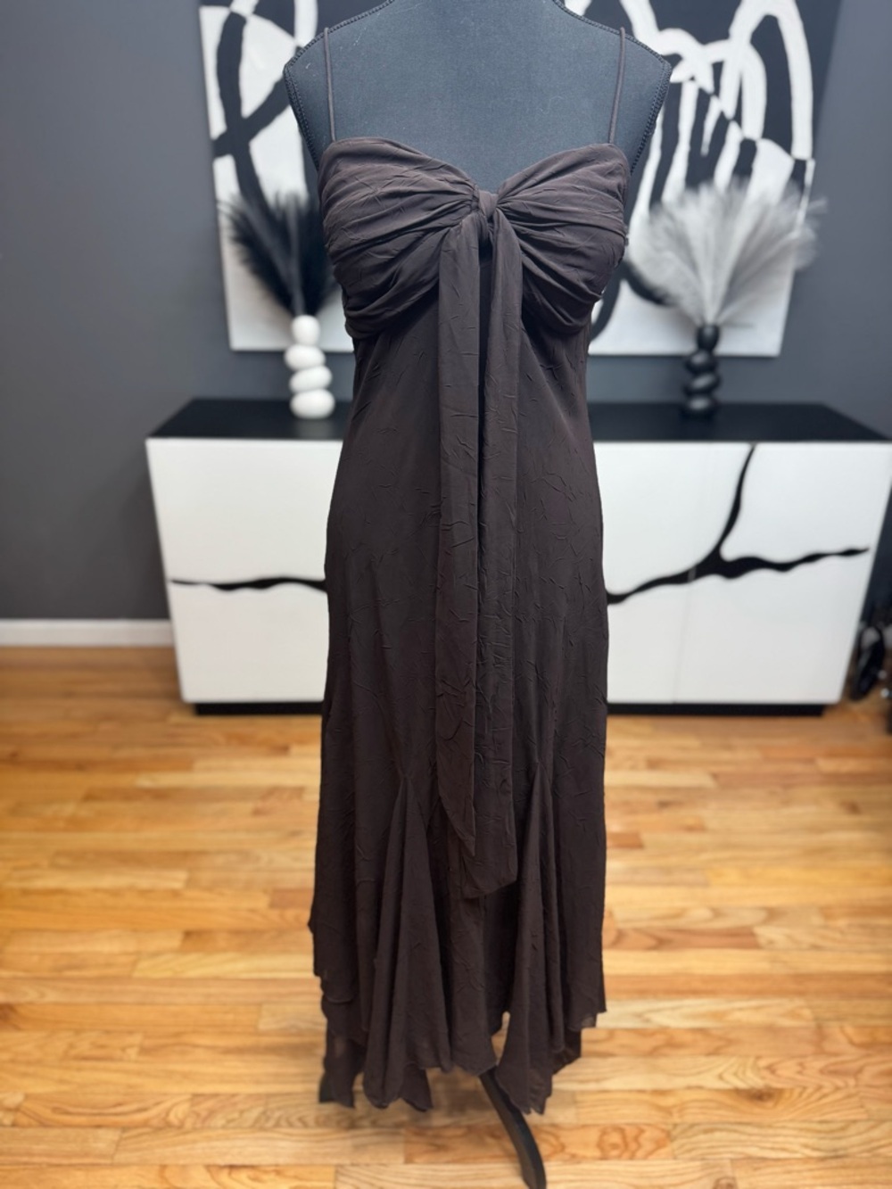 S.L. Fashions Brown Strapless Tie Front Midi Dress Womens 12 Built In Bra EUC